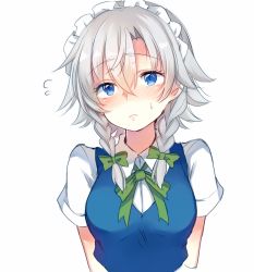 Rule 34 | 1girl, blue eyes, blush, bow, braid, closed mouth, commentary request, double bun, flying sweatdrops, green bow, green ribbon, hair between eyes, hair bow, hair bun, head tilt, izayoi sakuya, looking up, maid headdress, neck ribbon, nose blush, paragasu (parags112), ribbon, short hair, short sleeves, silver hair, simple background, solo, sweat, touhou, upper body, white background, wing collar