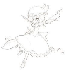 Rule 34 | 1girl, arm garter, bad id, bad pixiv id, bat (animal), bow, dress, fang, female focus, frilled dress, frills, full body, hat, hat ribbon, highres, katsudansou, leg up, monochrome, outstretched arm, outstretched hand, remilia scarlet, ribbon, simple background, solo, spear the gungnir, touhou, white background, wings
