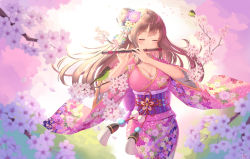 Rule 34 | 1girl, absurdres, bird, blush, breasts, brown hair, cherry blossoms, cleavage, closed eyes, cowboy shot, floral print, flower, flute, hair flower, hair ornament, highres, instrument, japanese clothes, ken-san, kimono, large breasts, long hair, music, obi, original, outdoors, pink flower, pink kimono, playing flute, playing instrument, sash, transverse flute