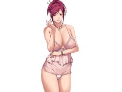 Rule 34 | 10s, 1girl, babydoll, breasts, brown eyes, collar, collarbone, female focus, game cg, key, large breasts, legs, lingerie, looking at viewer, mamiya marie, mole, mole under eye, nail polish, nipples, panties, pink hair, ponytail, see-through, sei shoujo, smile, solo, standing, starless, thighs, transparent background, underwear, white background, will (company)
