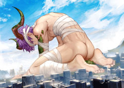 Rule 34 | 1boy, ass, back, bandages, bandage over one eye, bandages, cloud, day, fate/extra, fate/extra ccc, fate/extra ccc fox tail, fate/grand order, fate (series), feet, genderswap, genderswap (ftm), giant, giant male, kingprotea (fate), looking back, male focus, mosi l, muscular, muscular male, naked bandage, outdoors, purple eyes, purple hair, short hair, sitting, sky, solo, toned, toned male