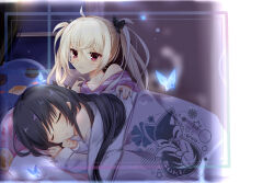 Rule 34 | 2girls, :3, absurdres, ahoge, akizuki kanna, artist name, black hair, blue butterfly, blush, bug, butterfly, cafe stella to shinigami no chou, closed eyes, closed mouth, commentary, eyelashes, eyes visible through hair, glowing butterfly, hair between eyes, hair spread out, head on pillow, highres, imoe (1017933989), indoors, insect, light brown hair, long hair, looking at another, mole, mole under eye, multiple girls, night, off shoulder, pajamas, parted lips, purple eyes, shiki natsume, sleeping, smile, stuffed animal, stuffed penguin, stuffed toy, twintails, under covers, very long hair, window