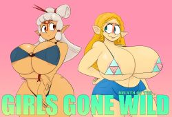 Rule 34 | 2girls, bikini, bikini top only, blonde hair, blue bikini, blue eyes, blush, breasts, brown eyes, embarrassed, english text, eye contact, highres, large breasts, long hair, looking at another, looking at viewer, mb ota, multiple girls, nintendo, nipples, partially undressed, paya (zelda), pink background, pointy ears, princess zelda, shorts, simple background, smile, swimsuit, the legend of zelda