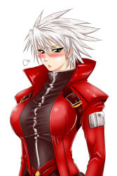 Rule 34 | 1girl, arc system works, belt, blazblue, blush, breasts, coat, female focus, gender request, genderswap, green eyes, heterochromia, large breasts, ragna the bloodedge, red eyes, seafood (pixiv675672), short hair, silver hair, simple background, solo, trench coat, white background