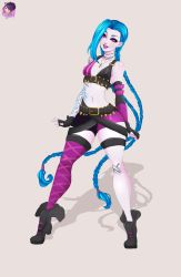 Rule 34 | 1girl, bandaid, bandaid on knee, bandaid on leg, belt, belt buckle, blue hair, boots, braid, buckle, bullet, bullet necklace, elbow gloves, full body, gloves, hair over one eye, highres, jinx (league of legends), lawzilla, league of legends, lipstick, long hair, looking at viewer, makeup, pink eyes, short shorts, shorts, single elbow glove, single thighhigh, solo, stomach, tattoo, thigh strap, thighhighs, twin braids, very long hair