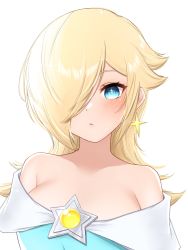 Rule 34 | 1girl, :&lt;, bare shoulders, blonde hair, blue eyes, breasts, closed mouth, hair over one eye, highres, large breasts, long hair, looking at viewer, mario (series), nintendo, rosalina, simple background, solo, star (symbol), super mario galaxy, tomatomiya, upper body, white background