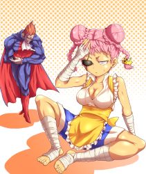 Rule 34 | 1boy, 1girl, apron, bandages, boots, bowing, braid, breasts, capcom, cape, cleavage, company connection, crossover, demitri maximoff, double bun, eyepatch, genderswap, genderswap (mtf), hair ornament, hairpin, hand on head, maid, maid apron, midnight bliss, muscular, orange hair, pink hair, sagat, sagattoru, scar, shorts, sitting, smirk, street fighter, sweat, sweatdrop, twin braids, vampire (game), white eyes