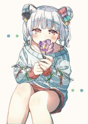 Rule 34 | 1girl, black bow, blue hair, blue shirt, blush, bow, cha ipride, collarbone, covering own mouth, double bun, feet out of frame, flower, from above, hair bow, hair bun, highres, holding, holding flower, hyodou shizuku, idoly pride, knees together feet apart, long bangs, long sleeves, looking at viewer, own hands together, pinstripe pattern, pinstripe shirt, purple flower, raised eyebrows, red eyes, red skirt, shirt, short twintails, sidelocks, simple background, skirt, solo, striped, twintails, two-tone bow, white background, white bow