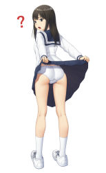 Rule 34 | 1girl, ?, ass, black eyes, black hair, blouse, blue sailor collar, blue skirt, clothes lift, commentary, cowboy shot, cross-laced footwear, crotch seam, from behind, highres, kneepits, lifted by self, long hair, long sleeves, looking at viewer, looking back, maburu (lojyq1eur3e8bit), miniskirt, open mouth, original, panties, pleated skirt, sailor collar, shirt, shoes, simple background, skirt, skirt lift, sneakers, socks, solo, standing, underwear, white background, white footwear, white panties, white shirt, white socks