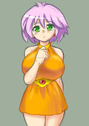Rule 34 | 1girl, arms behind back, bare legs, bare shoulders, blush, earrings, final fantasy, final fantasy v, gem, green eyes, hair between eyes, hand on own chest, jewelry, lenna charlotte tycoon, miniskirt, necklace, pink hair, short hair, skirt, solo