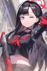 Rule 34 | 1girl, 2others, absurdres, arm up, black choker, black hair, black sailor collar, black serafuku, black shirt, black skirt, blue archive, choker, closed mouth, cropped shirt, gun, hair behind ear, hair ornament, hairclip, halo, highres, hiro (yoshi chan), holding, holding gun, holding weapon, ichika (blue archive), long hair, long sleeves, looking at viewer, midriff, multiple others, navel, neckerchief, one eye closed, parted bangs, purple eyes, red halo, red neckerchief, sailor collar, school uniform, serafuku, shirt, skirt, smile, solo focus, upper body, weapon