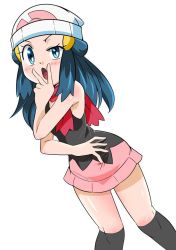 Rule 34 | 1girl, blue eyes, blue hair, blush, boots, breasts, creatures (company), curvy, dawn (pokemon), female focus, game freak, hainchu, looking at viewer, looking down, nintendo, pokemon, pokemon (anime), pokemon dppt (anime), shiny skin, skirt, small breasts, solo, thighs