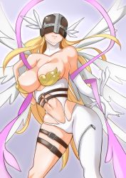Rule 34 | 1girl, angel wings, angewomon, asymmetrical clothes, bare shoulders, baron (nsbaron), belt, blonde hair, breasts, cleavage, covered eyes, digimon, digimon (creature), elbow gloves, gloves, head wings, helmet, large breasts, lips, long hair, multiple wings, narrow waist, navel, purple background, ribbon, smile, solo, thigh strap, wings