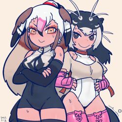 Rule 34 | 2girls, animal ears, antenna hair, artist name, bare shoulders, bird girl, bird tail, bird wings, black eyes, black hair, brown hair, closed mouth, cosplay, costume switch, cowboy shot, cropped shirt, crossed arms, egyptian goose (kemono friends), elbow gloves, eyelashes, fingerless gloves, giant otter (kemono friends), giant otter (kemono friends) (cosplay), gloves, grey hair, hair between eyes, head wings, high ponytail, highres, inada roku, kemono friends, leotard, leotard under clothes, light blush, long hair, looking at viewer, makeup, multicolored hair, multiple girls, one-piece swimsuit, orange eyes, otter ears, otter girl, otter tail, pink hair, shirt, short sleeves, side-by-side, simple background, smile, sweat, swimsuit, tail, tan, thighhighs, turtleneck, turtleneck one-piece swimsuit, two-tone hair, very long hair, wavy mouth, white hair, wings, zipper, zipper pull tab