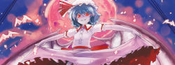 Rule 34 | 1girl, bad id, bad pixiv id, blue hair, child, cropped, dress, female focus, grin, hat, kaito (k4itoh), moon, red eyes, remilia scarlet, short hair, smile, solo, touhou, wings
