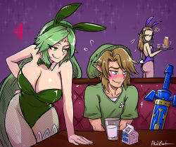 Rule 34 | 1boy, 2girls, :q, akairiot, alcohol, anger vein, animal ears, annoyed, ass, backless outfit, bare shoulders, beer, blush, bow, bowtie, breasts, brown hair, cleavage, cup, detached collar, drinking glass, earrings, embarrassed, fake animal ears, fishnet pantyhose, fishnets, forehead jewel, full-face blush, glass, green eyes, green hair, green leotard, hair ribbon, hairband, hat, heart, heart-shaped pupils, jealous, jewelry, jitome, kid icarus, kid icarus uprising, large breasts, leaning forward, leotard, licking lips, link, long hair, looking to the side, master sword, milk, milk carton, multiple girls, naughty face, nintendo, palutena, pantyhose, playboy bunny, pointy ears, princess zelda, rabbit ears, rabbit tail, ribbon, sheath, sheathed, shy, single thighhigh, super smash bros., sweat, sword, symbol-shaped pupils, table, tail, the legend of zelda, the legend of zelda: twilight princess, thighhighs, tiara, tongue, tongue out, tray, triangular headpiece, triforce, very long hair, waitress, wavy mouth, weapon