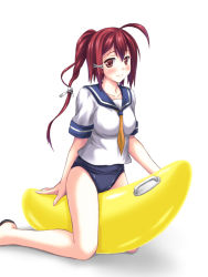 Rule 34 | 10s, 1girl, atsushima you, banana boat, i-168 (kancolle), kantai collection, long hair, ponytail, red eyes, red hair, riding, school swimsuit, school uniform, serafuku, swimsuit, swimsuit under clothes