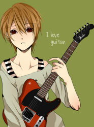 Rule 34 | 1boy, brown hair, english text, frown, guitar, instrument, male focus, off shoulder, original, red eyes, short hair, simple background, solo