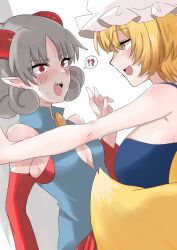 2girls absurdres against_wall bare_shoulders blonde_hair blue_dress blue_shirt blush breasts dress earrings fox_tail grey_hair hat highres horns jewelry kashiwara_mana large_breasts long_sleeves medium_hair multiple_girls multiple_tails pointy_ears red_eyes sharp_teeth sheep_horns shirt small_breasts smile sweatdrop tail teeth touhou toutetsu_yuuma white_background yakumo_ran yellow_eyes yuri