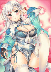 Rule 34 | 1girl, alternate costume, arm up, azur lane, belfast (azur lane), belfast (iridescent rosa) (azur lane), between breasts, black gloves, blush, braid, breasts, bubble background, chain, china dress, chinese clothes, cleavage, clothing cutout, collar, covered navel, dress, earrings, fingerless gloves, floral print, gloves, grey eyes, groin, heart, heart earrings, highres, jewelry, long hair, long sleeves, looking at viewer, marker (medium), medium breasts, panties, pelvic curtain, sash, saya pr, shrug (clothing), side-tie panties, side cutout, silver hair, solo, straight hair, thighhighs, thighs, traditional media, underwear, white thighhighs