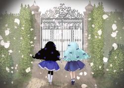 Rule 34 | 10momo, 2girls, aqua hair, barbara (shadows house), barbie (shadows house), big hair, black hair, black skin, blue bow, blue dress, blue flower, blue footwear, blue rose, boots, bow, bush, colored skin, day, dress, facing away, flower, from behind, garden, gate, gloves, hair bow, hair flower, hair ornament, highres, knee boots, light particles, living doll uniform, long hair, long sleeves, multiple girls, outdoors, pavement, petals, rose, shadow (shadows house), shadows house, shoe soles, shoes, side-by-side, sunlight, symmetrical pose, walking, white footwear, white gloves, wide shot