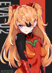 1girl, absurdres, artist request, blue eyes, breasts, brown hair, evangelion: 3.0 you can (not) redo, eyepatch, highres, long hair, looking at viewer, neon genesis evangelion, plugsuit, rebuild of evangelion, shiny, shiny clothes, shiny hair, smile, solo, soryu asuka langley, standing, twintails, upper body