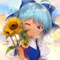 Rule 34 | 1girl, ahoge, blue bow, blue dress, blue eyes, blue hair, blue sky, bow, bowtie, breasts, cirno, closed mouth, cloud, cloudy sky, collared shirt, dress, eyes visible through hair, flower, flower in eye, frills, gradient sky, grey shirt, hair between eyes, hands up, jiji (381134808), leaf, looking to the side, medium breasts, multicolored sky, one eye closed, orange sky, petals, puffy short sleeves, puffy sleeves, red bow, red bowtie, shirt, short hair, short sleeves, sky, smile, solo, summer, sunflower, sunset, symbol in eye, tan, tanned cirno, touhou, upper body, yellow flower, yellow sky