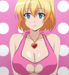 Rule 34 | 1girl, bare shoulders, blonde hair, blue eyes, breasts, cleavage, clothing cutout, dakara boku wa h ga dekinai, female focus, fukumune iria, heart, heart cutout, heart necklace, highres, jewelry, large breasts, looking at viewer, necklace, solo, stitched, third-party edit