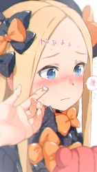 Rule 34 | 1girl, @ @, abigail williams (fate), black bow, black dress, black headwear, blonde hair, blue eyes, blush, bow, closed mouth, dress, fate/grand order, fate (series), flying sweatdrops, food on hand, forehead, gomennasai, hair bow, hat, highres, long hair, looking away, nose blush, orange bow, out of frame, parted bangs, polka dot, polka dot bow, solo focus, spoken squiggle, squiggle, stuffed animal, stuffed toy, sweat, teddy bear, translation request, wavy mouth