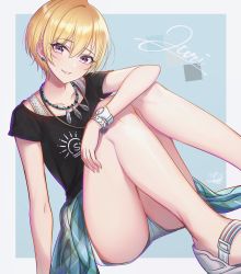Rule 34 | 1girl, bare legs, black shirt, blonde hair, blush, bracelet, breasts, clothes around waist, collarbone, earrings, elbow on knee, green eyes, highres, idolmaster, idolmaster shiny colors, jewelry, looking at viewer, mairo, necklace, outside border, parted lips, saijo juri, sandals, shirt, short hair, short sleeves, shorts, sidelocks, signature, sitting, small breasts, smile, solo, stud earrings, sweater, sweater around waist, thighs, watch, white shorts, wristwatch