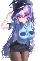 Rule 34 | 1girl, black hat, black skirt, blue archive, blush, breasts, brown pantyhose, closed mouth, cowboy shot, halo, hat, highres, large breasts, long hair, looking at viewer, mechanical halo, melt (melt out1), pantyhose, peaked cap, police, police uniform, purple eyes, purple hair, short sleeves, simple background, skirt, solo, two side up, uniform, white background, yuuka (blue archive)