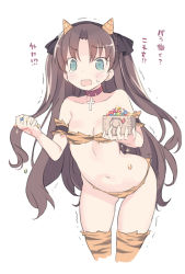Rule 34 | 1girl, arched back, bare shoulders, blade (galaxist), breasts, brown hair, brown rose, brown thighhighs, choker, cleavage, collarbone, cropped legs, cross, cross choker, fake horns, fate/stay night, fate (series), female focus, hair ribbon, holding, horns, latin cross, leaning forward, long hair, navel, open mouth, red choker, ribbon, simple background, small breasts, solo, sparkle, standing, tears, thighhighs, tohsaka rin, translation request, trembling, two side up, very long hair, wavy mouth, white background