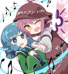 Rule 34 | 2girls, absurdres, beamed eighth notes, blue eyes, blue hair, blush, brown dress, brown headwear, dress, drill hair, eighth note, fang, fins, green kimono, hair between eyes, hat, head fins, highres, japanese clothes, kibisake, kimono, long sleeves, multiple girls, musical note, mystia lorelei, obi, one eye closed, open mouth, pink hair, quarter note, sash, short hair, skin fang, smile, touhou, wakasagihime, wide sleeves, winged hat, yellow eyes