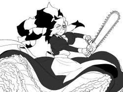 Rule 34 | 1boy, alternate costume, apron, black dress, black hair, chainsaw, commentary request, creatures (company), dovahkiin (dpm 061), dress, eyes visible through hair, floating hair, frills, game freak, greyscale, hair over one eye, holding, holding chainsaw, korean commentary, long hair, long sleeves, maid, male focus, monochrome, multicolored hair, nintendo, piers (pokemon), pokemon, pokemon swsh, simple background, solo, two-tone hair, white apron, white background, white hair