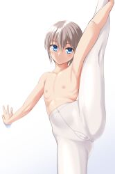 Rule 34 | 1girl, absurdres, against wall, ballerina, ballet, blue eyes, cameltoe, cleft of venus, commentary request, cowboy shot, flat chest, flexible, grey hair, highres, looking at viewer, nipples, original, pantyhose, parted lips, ribs, short hair, simple background, solo, split, standing, standing on one leg, standing split, takafumi, topless, variant set, white background, white pantyhose