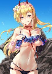 Rule 34 | 1girl, :p, absurdres, areola slip, armpit crease, azur lane, bare shoulders, between breasts, bikini, bikini top lift, black gloves, blonde hair, blue sky, blurry, blurry background, blush, bracelet, breasts, choker, cleavage, clothes lift, collarbone, commentary, cowboy shot, cross hair ornament, day, elbow gloves, fang, fang out, flower, frilled bikini, frills, gloves, groin, hair between eyes, hair flower, hair ornament, highres, horns, jewelry, kumano (azur lane), kumano (fancy waves) (azur lane), large breasts, long hair, looking at viewer, midriff, multi-strapped bikini bottom, multicolored bikini, multicolored clothes, naughty face, navel, necktie, necktie between breasts, off-shoulder bikini, off shoulder, oni horns, outdoors, purple eyes, red choker, rock, sankyo (821-scoville), sidelocks, single elbow glove, skindentation, sky, smile, solo, standing, swimsuit, tongue, tongue out, twitter username, underboob, wet