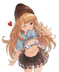 Rule 34 | 10s, 1girl, beanie, bikini, bikini top only, blonde hair, brown eyes, cagliostro (granblue fantasy), casual, clothes lift, contemporary, granblue fantasy, hat, heart, mouth hold, navel, one eye closed, shirt, shirt lift, skirt, solo, swimsuit, t-shirt, tokopi, v