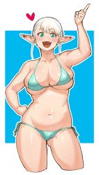 Rule 34 | 1girl, aqua bikini, aqua eyes, arm up, bikini, blue background, blush, breasts, elf, elf-san wa yaserarenai., fang, green eyes, hand on own hip, happy, heart, highres, huge breasts, midriff, multicolored eyes, navel, open mouth, plump, pointing, pointing up, pointy ears, side-tie bikini bottom, simple background, skindentation, solo, stomach, swimsuit, synecdoche, thick thighs, thighs, tight clothes, white background, white hair