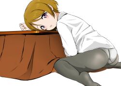 1girl ass black_pantyhose blush brown_hair koizumi_hanayo kotatsu love_live! love_live!_school_idol_project medium_hair on_floor open_mouth panties pantyhose sakura_chiru._7-gou shirt sitting table underwear wariza white_panties white_shirt