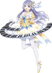 Rule 34 | 1girl, blue eyes, blue hair, breasts, cleavage, crescent, date a live, dress, flower, full body, gloves, hair flower, hair ornament, instrument, izayoi miku, keyboard (instrument), long hair, looking at viewer, medium breasts, official art, open mouth, simple background, smile, solo, tachi-e, transparent background
