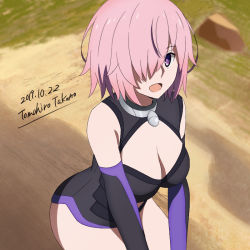 Rule 34 | 1girl, :d, artist name, bare shoulders, black legwear, black leotard, blurry, breasts, cleavage, cleavage cutout, clothing cutout, commentary request, dated, depth of field, elbow gloves, fate/grand order, fate (series), from above, gloves, hair over one eye, karaage bou, large breasts, leotard, looking at viewer, looking up, mash kyrielight, open mouth, outdoors, pink hair, purple eyes, shadow, short hair, smile, solo
