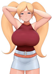 Rule 34 | 1girl, arms behind head, arms up, bare arms, bare shoulders, belt, blonde hair, blue eyes, breasts, closed mouth, cowboy shot, expressionless, female focus, gamia q, highres, huge breasts, legs, looking at viewer, mazinger (series), mazinger z, moebell, o-ring, o-ring belt, shin mazinger shougeki! z-hen, simple background, skirt, sleeveless, solo, standing, swept bangs, thighs, toei animation, turtleneck, twintails, white background, white skirt