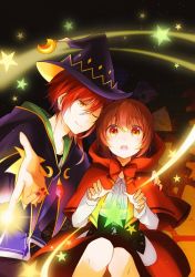 Rule 34 | 1boy, 1girl, anzu (ensemble stars!), arm around shoulder, bad id, bad pixiv id, brown eyes, brown hair, cosplay, dress, earrings, ensemble stars!, glowing, halloween, halloween costume, hood, i-mai, jewelry, knees, knees together feet apart, little red riding hood, little red riding hood (grimm), little red riding hood (grimm) (cosplay), magic, nail polish, one eye closed, open mouth, red nails, sakasaki natsume, sky, star (sky), star (symbol), starry sky, yellow eyes