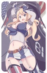 Rule 34 | 10s, 1girl, absurdres, american flag, arms up, blonde hair, blue eyes, breasts, elbow gloves, fingerless gloves, garter straps, gloves, gluteal fold, hand on headwear, hat, highres, historical name connection, iowa (kancolle), kantai collection, large breasts, long hair, looking at viewer, looking down, miniskirt, name connection, navel, object namesake, open mouth, phibonnachee, ship, skirt, solo, star-shaped pupils, star (symbol), striped clothes, striped thighhighs, symbol-shaped pupils, thighhighs, watercraft