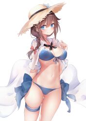 1girl bikini black_ribbon blue_bikini blue_eyes braid breasts brown_eyes brown_hat cleavage collared_shirt cowboy_shot dress_shirt front-tie_bikini_top front-tie_top hair_flaps hair_over_shoulder hasaki_(alice_ruru) hat highres kantai_collection long_hair looking_at_viewer medium_breasts neck_ribbon official_alternate_costume open_clothes open_shirt ribbon shigure_(kancolle) shigure_kai_san_(kancolle) shigure_kai_san_(swimsuit)_(kancolle) shirt side-tie_bikini_bottom simple_background single_braid sky smile solo straw_hat sun_hat swimsuit white_background white_shirt