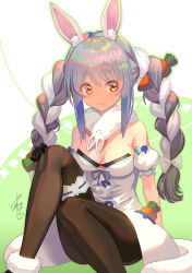 Rule 34 | 1girl, animal ear fluff, animal ears, arm cuffs, black gloves, black leotard, black pantyhose, blue hair, braid, breasts, carrot hair ornament, cleavage, closed mouth, coat, commentary, detached sleeves, don-chan (usada pekora), food-themed hair ornament, fur-trimmed footwear, fur scarf, fur trim, gloves, green background, hair between eyes, hair ornament, hair ribbon, hololive, leotard, light blue hair, long hair, looking at viewer, medium breasts, multicolored hair, pantyhose, pom pom (clothes), puffy short sleeves, puffy sleeves, rabbit ears, rabbit girl, ribbon, short sleeves, signature, simple background, sitting, smile, solo, thick eyebrows, thigh strap, tress ribbon, twin braids, twintails, two-tone background, two-tone hair, usada pekora, usada pekora (1st costume), virtual youtuber, white background, white coat, white hair, yamahara