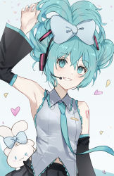 Rule 34 | &gt; o, 1girl, ;3, aqua eyes, aqua hair, arm up, armpits, asle, bare shoulders, black skirt, black sleeves, blue bow, blush, bow, cinnamiku, cinnamoroll, collared shirt, commentary request, confetti, crossover, detached sleeves, ear bow, grey shirt, grin, hair between eyes, hair bow, hatsune miku, headphones, headset, heart, long sleeves, one eye closed, pleated skirt, sanrio, shirt, skirt, sleeveless, sleeveless shirt, smile, solo focus, vocaloid, wide sleeves