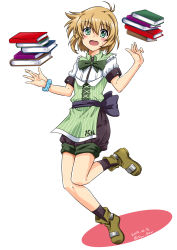 Rule 34 | 1boy, anniversary, apron, blonde hair, blush, book, book stack, boots, bow, crossdressing, dated, embarrassed, floating, floating book, floating object, frills, green eyes, hair between eyes, highres, leg up, looking at viewer, lyrical nanoha, mahou shoujo lyrical nanoha, male focus, medium hair, open mouth, puffy sleeves, san-pon, scrunchie, shorts, solo, twitter username, white background, wrist scrunchie, yuuno scrya