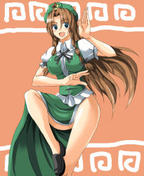 Rule 34 | 1girl, blue eyes, blush, braid, breasts, brown hair, china dress, chinese clothes, dress, covered erect nipples, female focus, hat, hong meiling, immaterial and missing power, long hair, ment, ribbon, solo, touhou