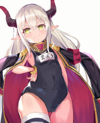 Rule 34 | 1girl, armband, bad id, bad pixiv id, bangle, black jacket, black one-piece swimsuit, blush, bracelet, breasts, closed mouth, covered navel, curled horns, demon horns, emma august, epaulettes, green eyes, grey hair, hair between eyes, hand on own hip, highres, horns, jacket, jacket on shoulders, jewelry, kokuri89490047, long hair, name tag, nijisanji, old school swimsuit, one-piece swimsuit, pointy ears, school swimsuit, simple background, single thighhigh, sketch, small breasts, smile, solo, striped clothes, striped thighhighs, swimsuit, thigh gap, thighhighs, very long hair, virtual youtuber, white background